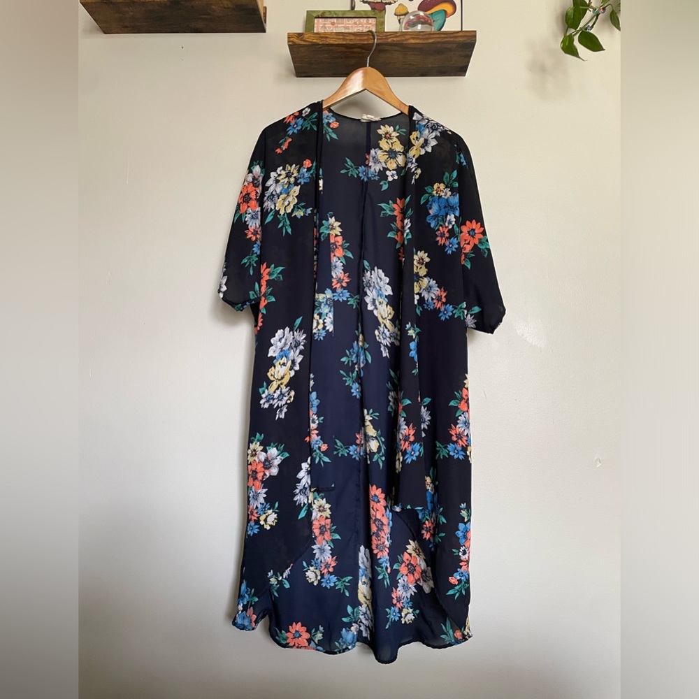 Navy Blue Chiffon Floral Wrap/Kimono- LA Hearts